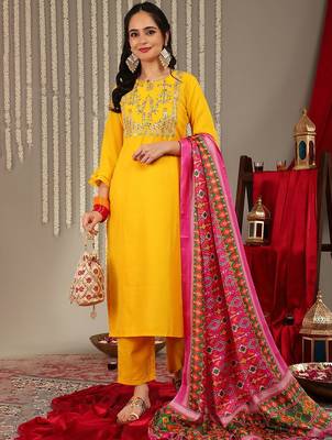 Ethnic Motif Yoke Design Gotta Patti Cotton Kurta With Trousers & Dupatta 1