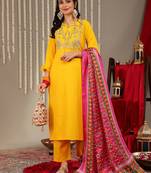 Ethnic Motif Yoke Design Gotta Patti Cotton Kurta With Trousers & Dupatta