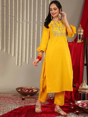 Ethnic Motif Yoke Design Gotta Patti Cotton Kurta With Trousers & Dupatta 4