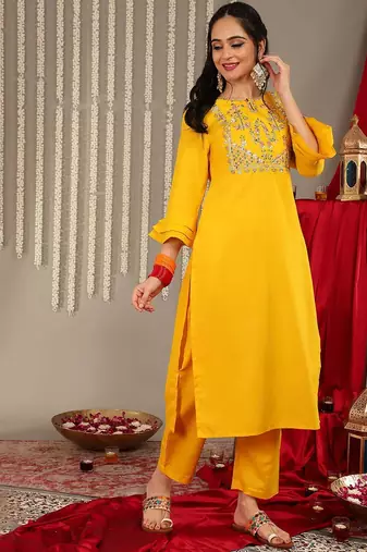Ethnic Motif Yoke Design Gotta Patti Cotton Kurta With Trousers & Dupatta
