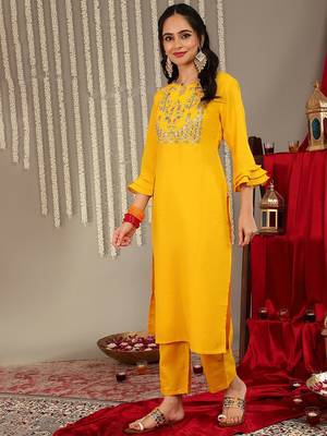 Ethnic Motif Yoke Design Gotta Patti Cotton Kurta With Trousers & Dupatta 5
