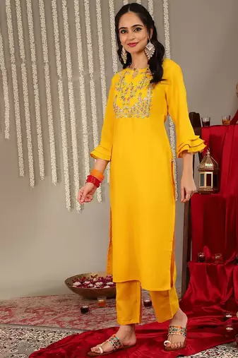 Ethnic Motif Yoke Design Gotta Patti Cotton Kurta With Trousers & Dupatta