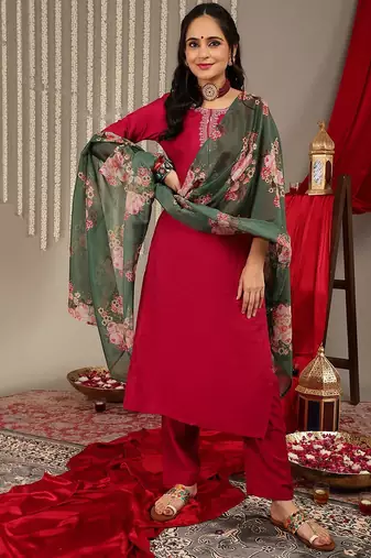 Thread Work Detail Straight Kurta & Trousers With Dupatta