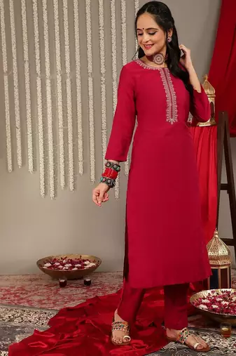 Thread Work Detail Straight Kurta & Trousers With Dupatta