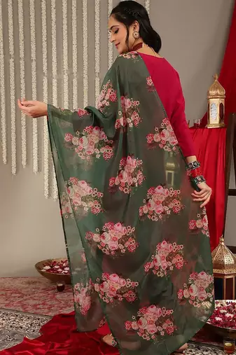 Thread Work Detail Straight Kurta & Trousers With Dupatta