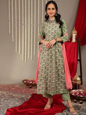 Ethnic Motifs Printed Pure Cotton Regular Kurta with Trousers & With Dupatta 1