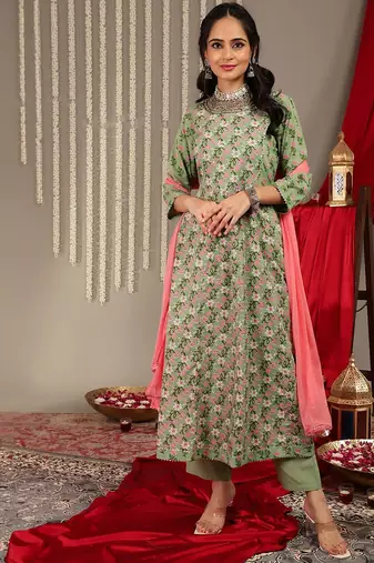 Ethnic Motifs Printed Pure Cotton Regular Kurta with Trousers & With Dupatta