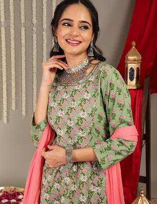 Ethnic Motifs Printed Pure Cotton Regular Kurta with Trousers & With Dupatta 2