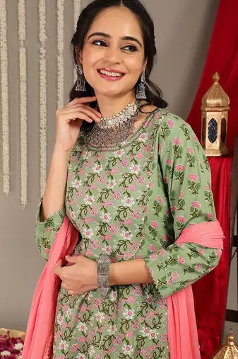 Ethnic Motifs Printed Pure Cotton Regular Kurta with Trousers & With Dupatta