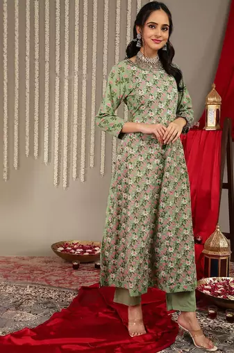 Ethnic Motifs Printed Pure Cotton Regular Kurta with Trousers & With Dupatta