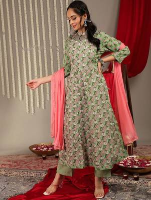 Ethnic Motifs Printed Pure Cotton Regular Kurta with Trousers & With Dupatta 7