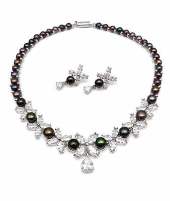 Black pearl & cubic zirconia necklace & earrings set floral cz design, pear drop pendant, matching earrings. 3
