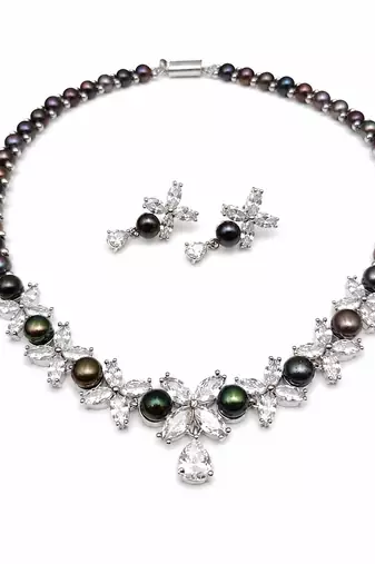 Black pearl & cubic zirconia necklace & earrings set floral cz design, pear drop pendant, matching earrings.