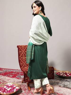 Ethnic Motifs Embroidered Thread work Straight Kurta & Trousers With Dupatta 6