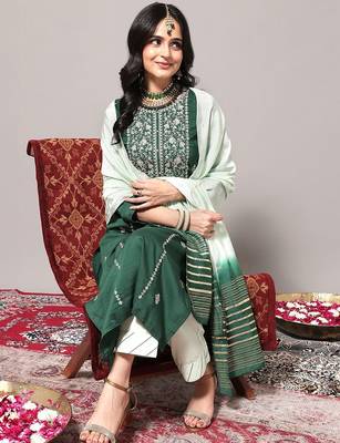 Ethnic Motifs Embroidered Thread work Straight Kurta & Trousers With Dupatta 7