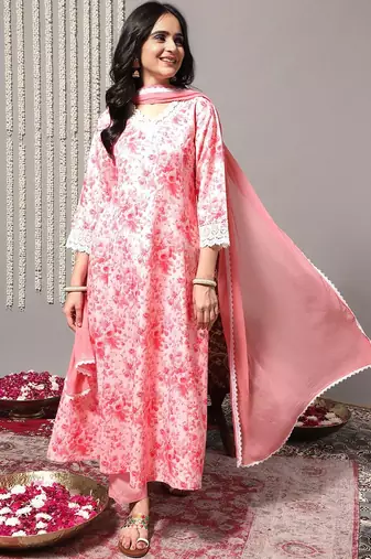 Floral Printed A-Line Kurta With Trousers & Dupatta