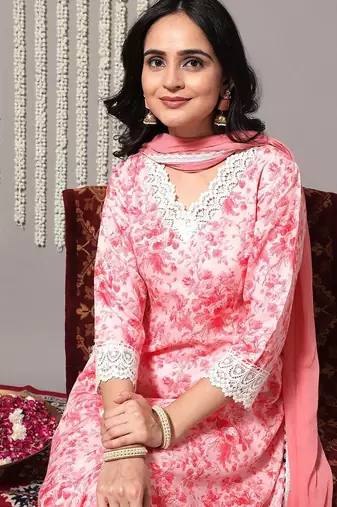 Floral Printed A-Line Kurta With Trousers & Dupatta