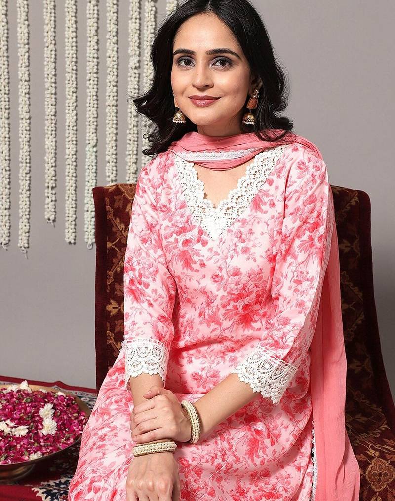 Floral Printed A-Line Kurta With Trousers & Dupatta