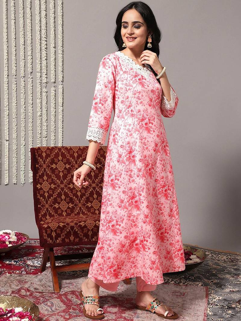 Floral Printed A-Line Kurta With Trousers & Dupatta