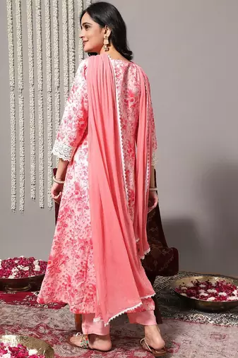 Floral Printed A-Line Kurta With Trousers & Dupatta