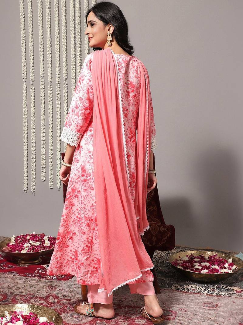 Floral Printed A-Line Kurta With Trousers & Dupatta