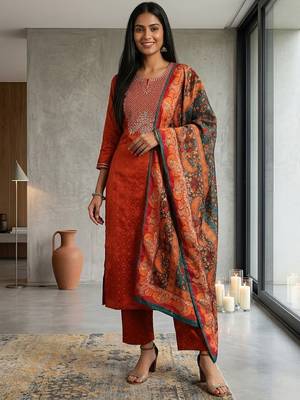 Floral Embroidered Thread Work Kurta & Trousers With Dupatta 1