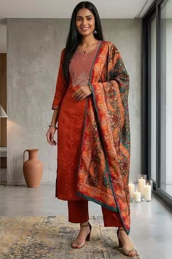 Floral Embroidered Thread Work Kurta & Trousers With Dupatta