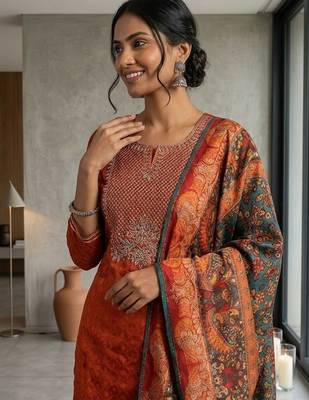 Floral Embroidered Thread Work Kurta & Trousers With Dupatta 2