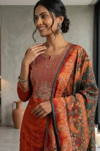 Floral Embroidered Thread Work Kurta & Trousers With Dupatta