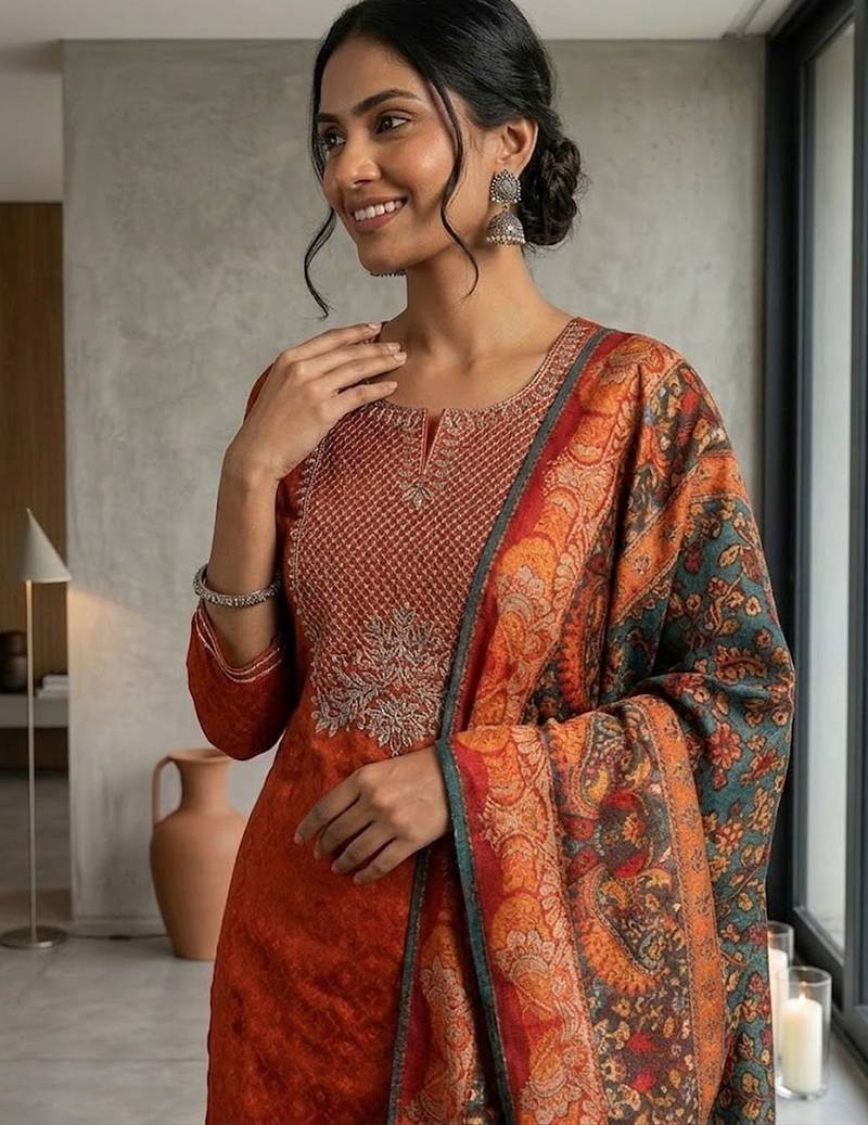 Floral Embroidered Thread Work Kurta & Trousers With Dupatta