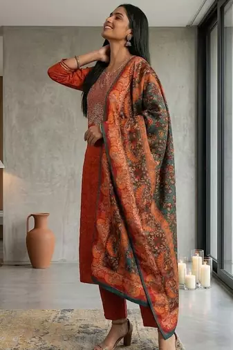 Floral Embroidered Thread Work Kurta & Trousers With Dupatta
