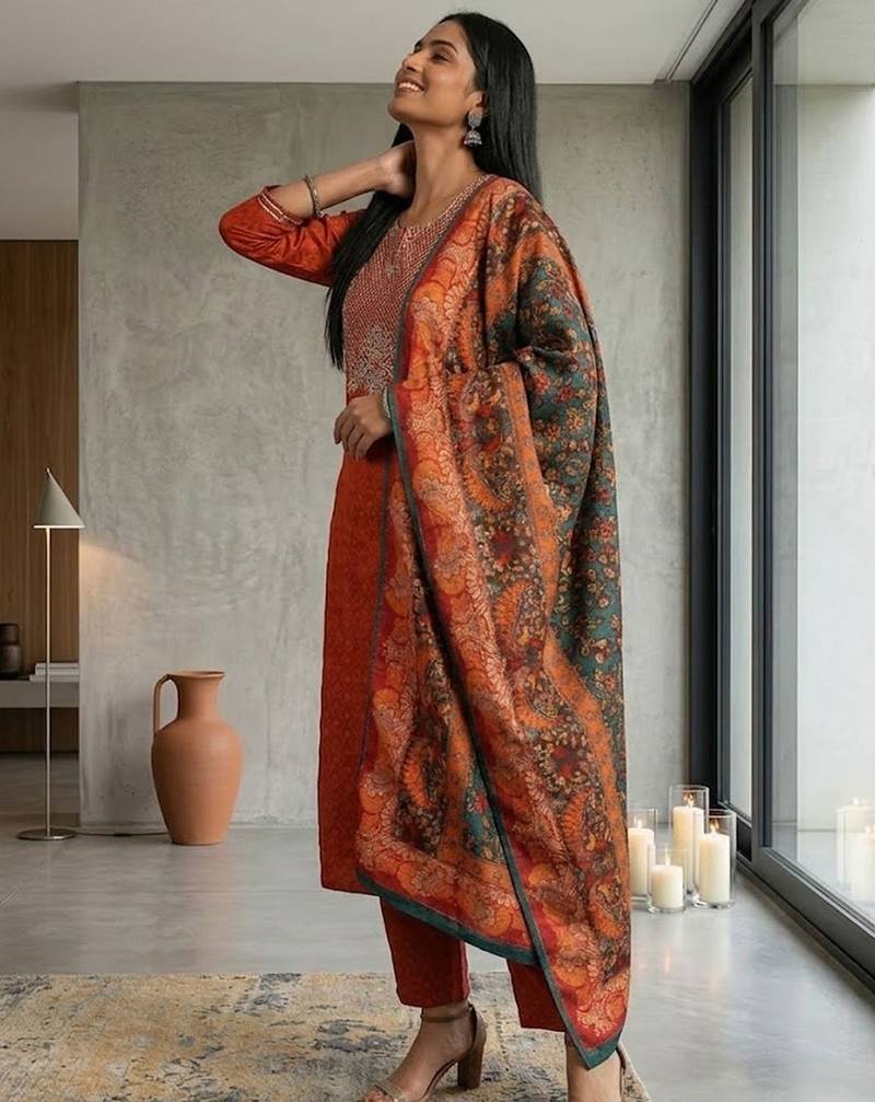 Floral Embroidered Thread Work Kurta & Trousers With Dupatta