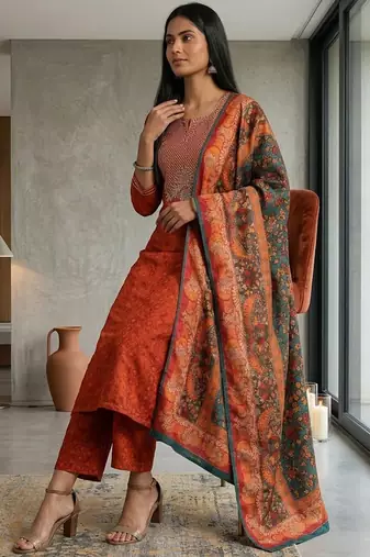 Floral Embroidered Thread Work Kurta & Trousers With Dupatta