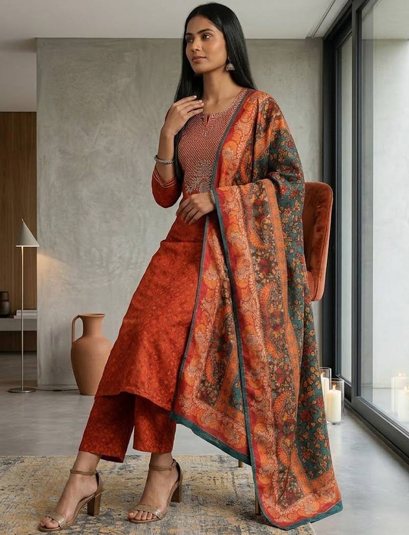 Floral Embroidered Thread Work Kurta & Trousers With Dupatta