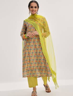 Lime Green Ethnic Motifs Printed Mirror Work A-Line Kurta & Trousers With Dupatta 1