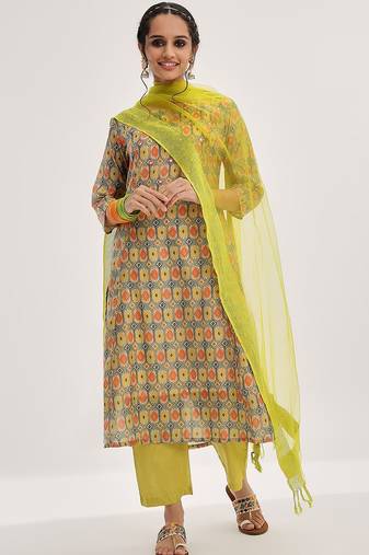 Lime Green Ethnic Motifs Printed Mirror Work A-Line Kurta & Trousers With Dupatta