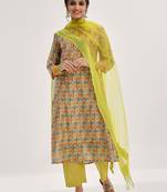 Lime Green Ethnic Motifs Printed Mirror Work A-Line Kurta & Trousers With Dupatta