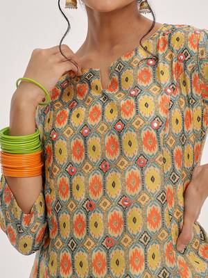 Lime Green Ethnic Motifs Printed Mirror Work A-Line Kurta & Trousers With Dupatta 2