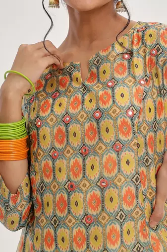 Lime Green Ethnic Motifs Printed Mirror Work A-Line Kurta & Trousers With Dupatta