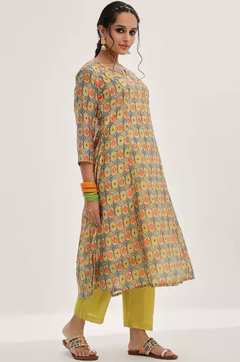 Lime Green Ethnic Motifs Printed Mirror Work A-Line Kurta & Trousers With Dupatta