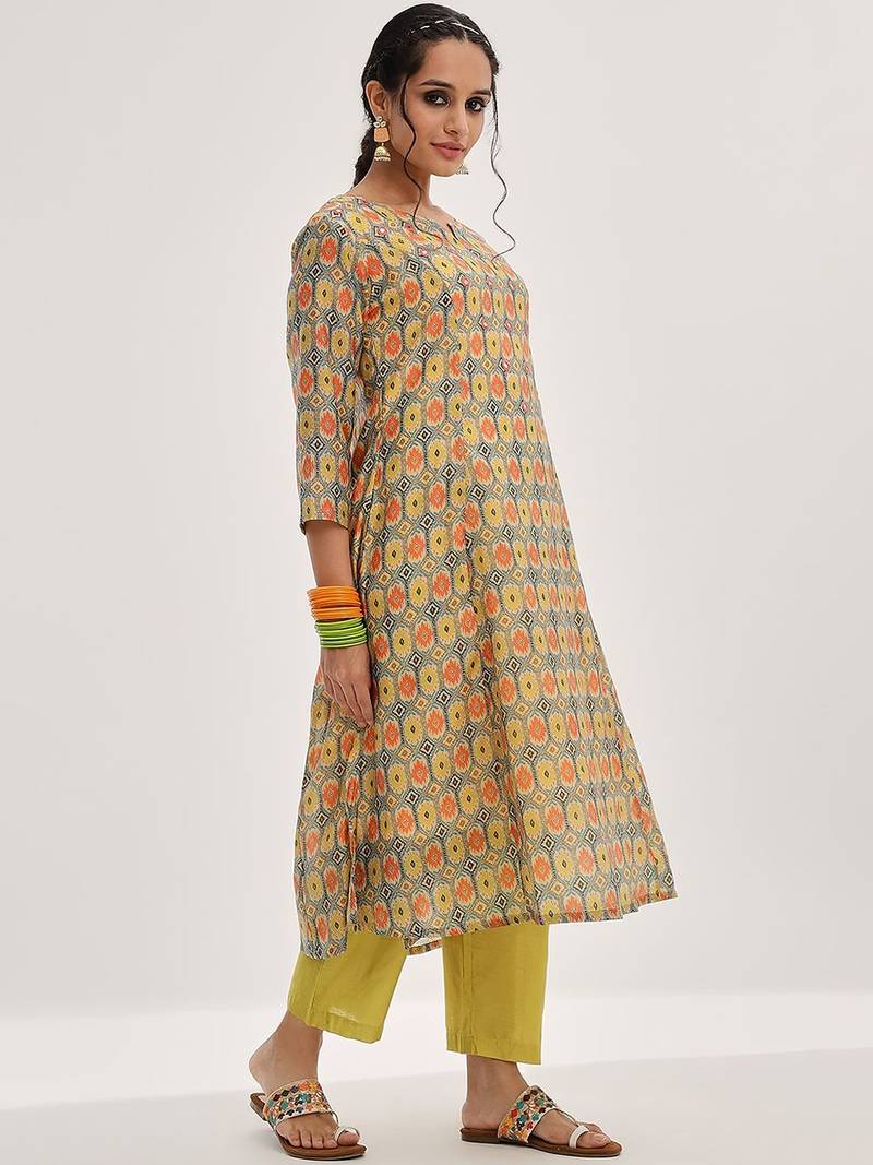 Lime Green Ethnic Motifs Printed Mirror Work A-Line Kurta & Trousers With Dupatta