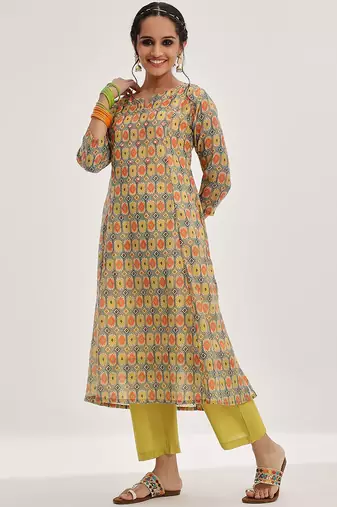 Lime Green Ethnic Motifs Printed Mirror Work A-Line Kurta & Trousers With Dupatta