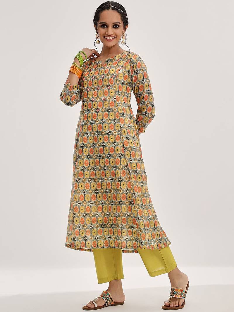 Lime Green Ethnic Motifs Printed Mirror Work A-Line Kurta & Trousers With Dupatta