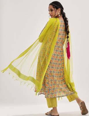 Lime Green Ethnic Motifs Printed Mirror Work A-Line Kurta & Trousers With Dupatta 5