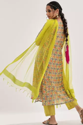Lime Green Ethnic Motifs Printed Mirror Work A-Line Kurta & Trousers With Dupatta