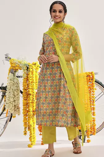 Lime Green Ethnic Motifs Printed Mirror Work A-Line Kurta & Trousers With Dupatta