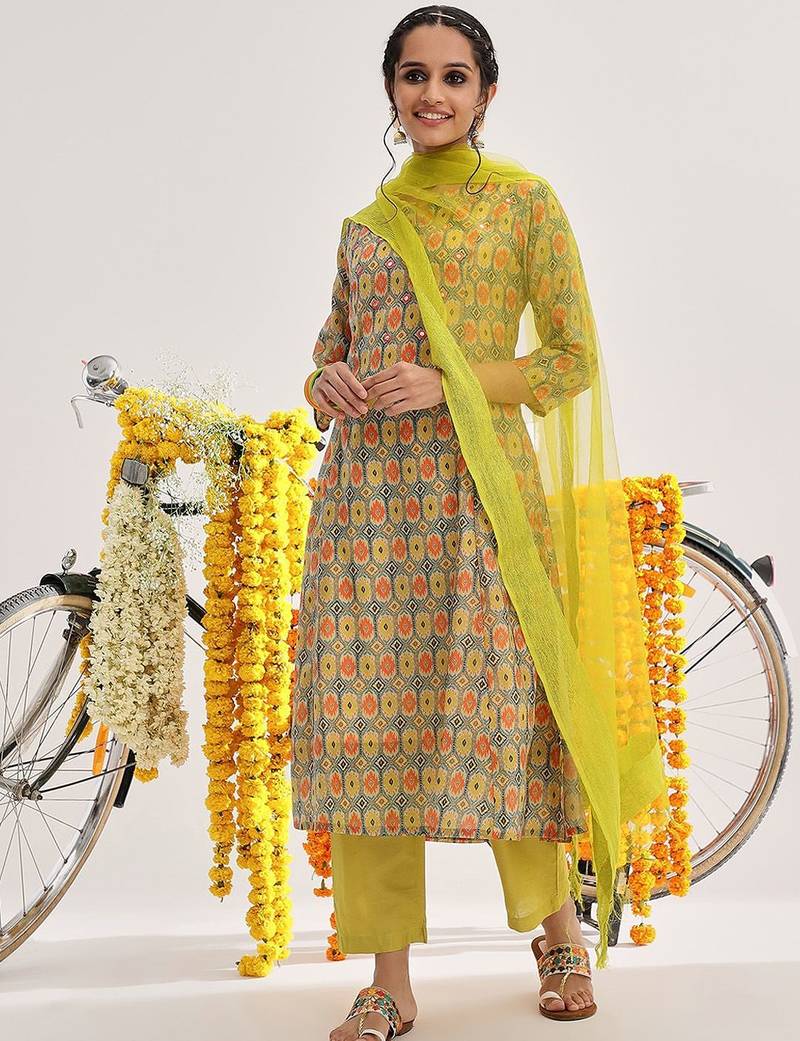 Lime Green Ethnic Motifs Printed Mirror Work A-Line Kurta & Trousers With Dupatta