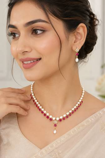 Pearl & ruby stone necklace & earrings jewellery set gold-tone setting, drop pendant, bridal wear, includes earrings