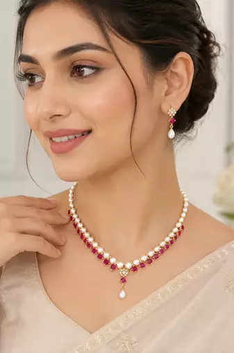 Pearl & ruby stone necklace & earrings jewellery set gold-tone setting, drop pendant, bridal wear, includes earrings