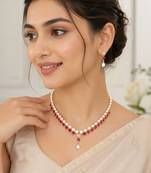 Pearl & ruby stone necklace & earrings jewellery set gold-tone setting, drop pendant, bridal wear, includes earrings